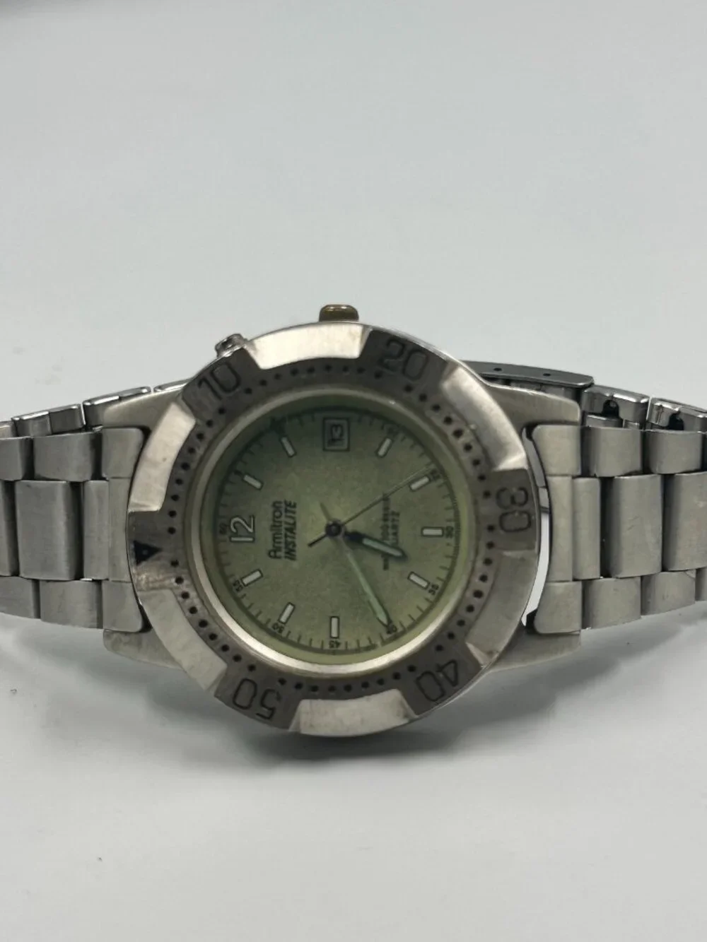 Armitron Watch Men Silver Tone Instalite Green Dial Stainless Steel New Battery